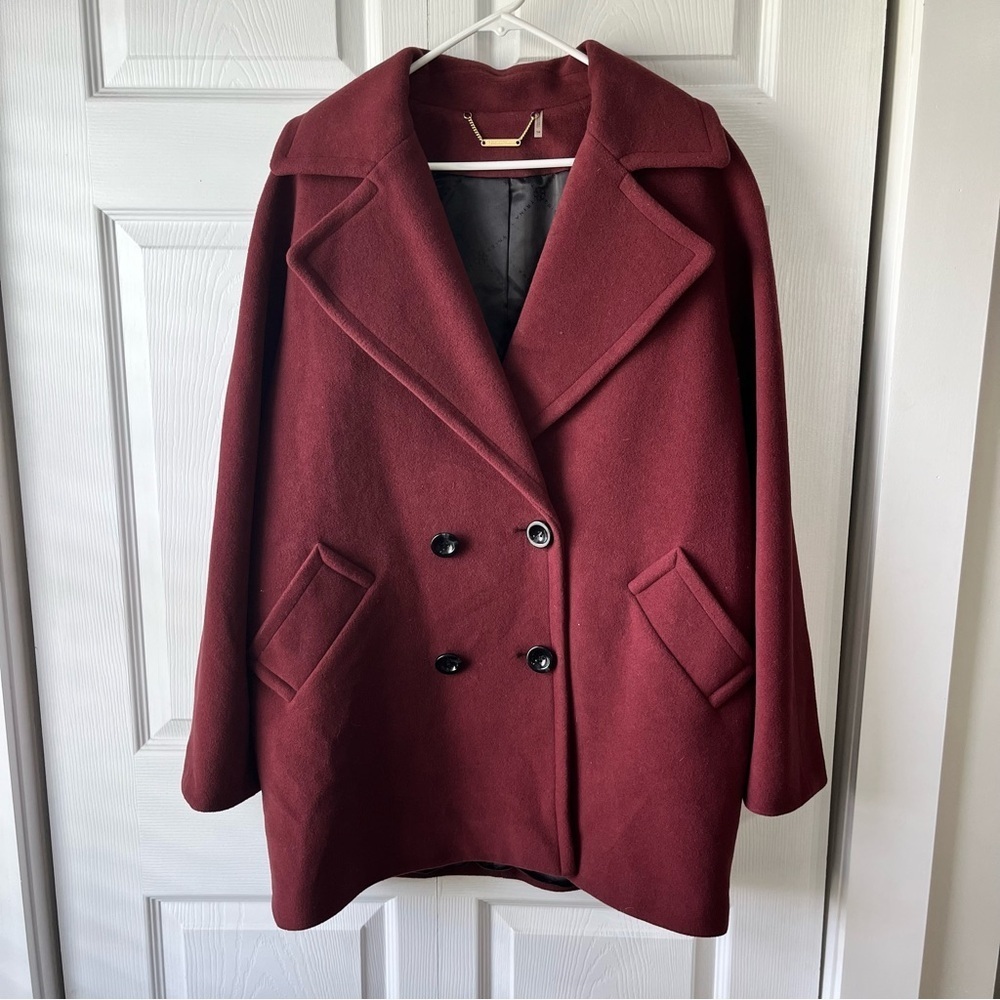 Trina Turk Coat Woman 14 Peacoat Double Breasted Maroon Jacket Wool Cashmere